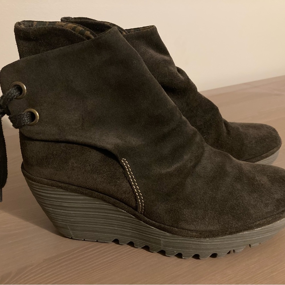 Fly London Yama Suede wedge lace up booties